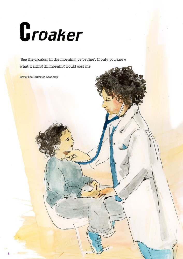 Dialect word 'croaker'. Poem and illustration of doctor listening to child's throat with a stethoscope.