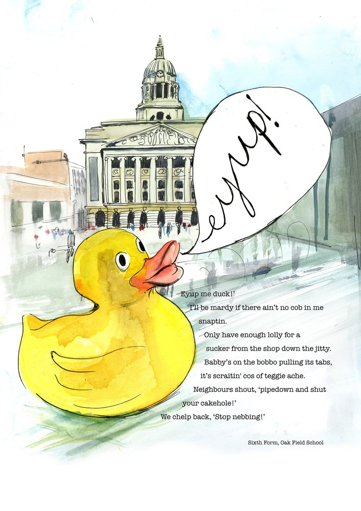 Dialect word 'eyup'. Poem and illustration of rubber duck in front of Nottingham town hall.
