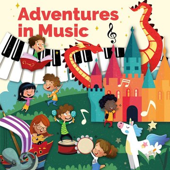 Illustration of children playing and text reads adventures in music