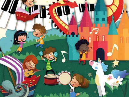 Adventures in Music tile with children playing in a fantasy land with a dragon, unicorn and castle