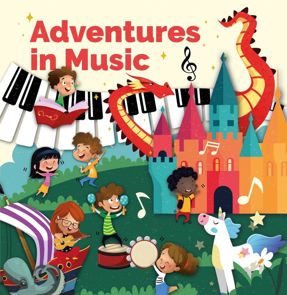 Adventures in Music tile with children playing in a fantasy land with a dragon, unicorn and castle