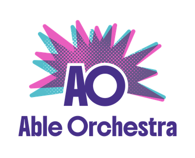 Able Orchestra logo with the letters 'AO' in purple upper case font surrounded by pink and greean splashes of colour