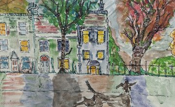 Water colour painting of street with dog