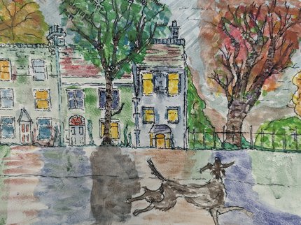 Water colour painting of street with dog
