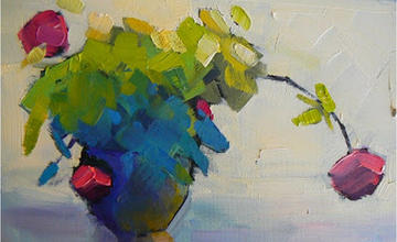 acrylic still life painting of a potted plant with a dropping flower