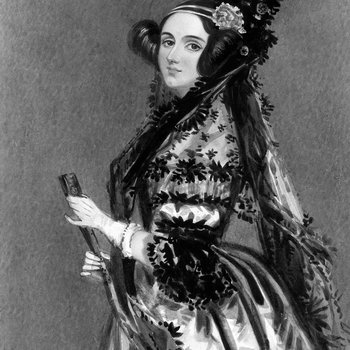 Black and White picture of ada lovelace in a long dress a hat and carrying a fan