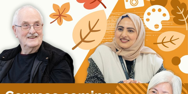 An orange themed graphic with some smiley learners.
