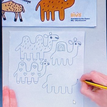 Screen shot from a Zoom art workshop showing Alex the artist drawing a camel using a pencil