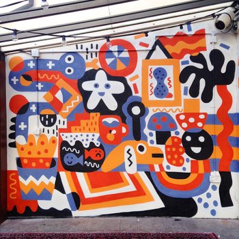Large, colourful, red, blue, orange and black painting of animal characters