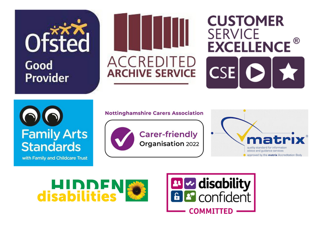 Logos showing our accreditations - Ofsted, Accredited Archive Service, Customer Service Excellence, Family Arts Standard, Carer Friendly Organisation, Matrix, Hidden Disabilities, Disability Aware