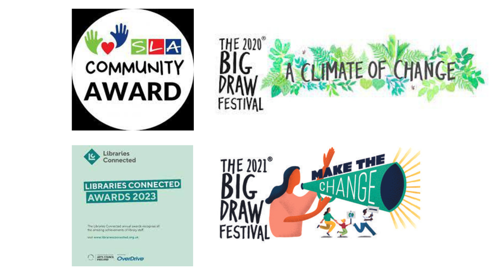 Image showing our Awards Logos for the School Library Association, Libraries Connected and The Big Draw
