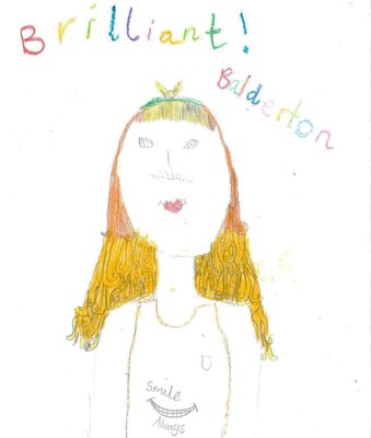 Child's drawing or a self portrait in pencil and coloured crayon. Long blonde hair and a vest saying 'Smile Always'