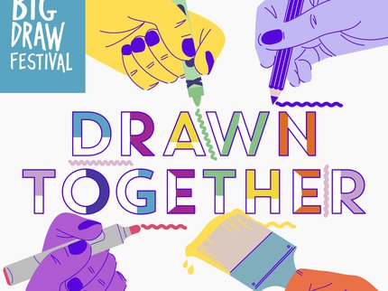 Big Draw Drawn Together logo, with hands holding paint brushes in various colours
