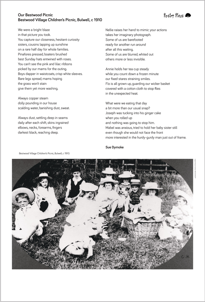 Exhibition panel featuring the poem Our Bestwood Picnic and an archive photograph