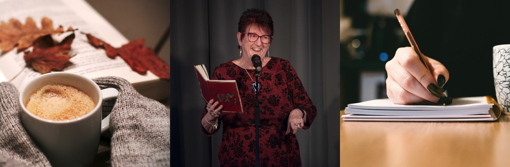 someone reading, someone performing poetry, and someone writing