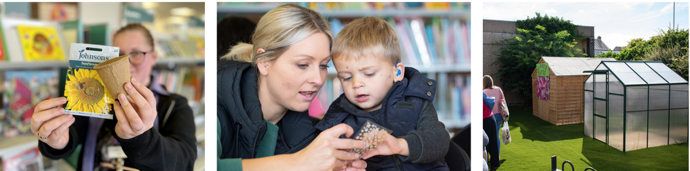 Person holding sunflower seeds, parents and child crafting, and library garden