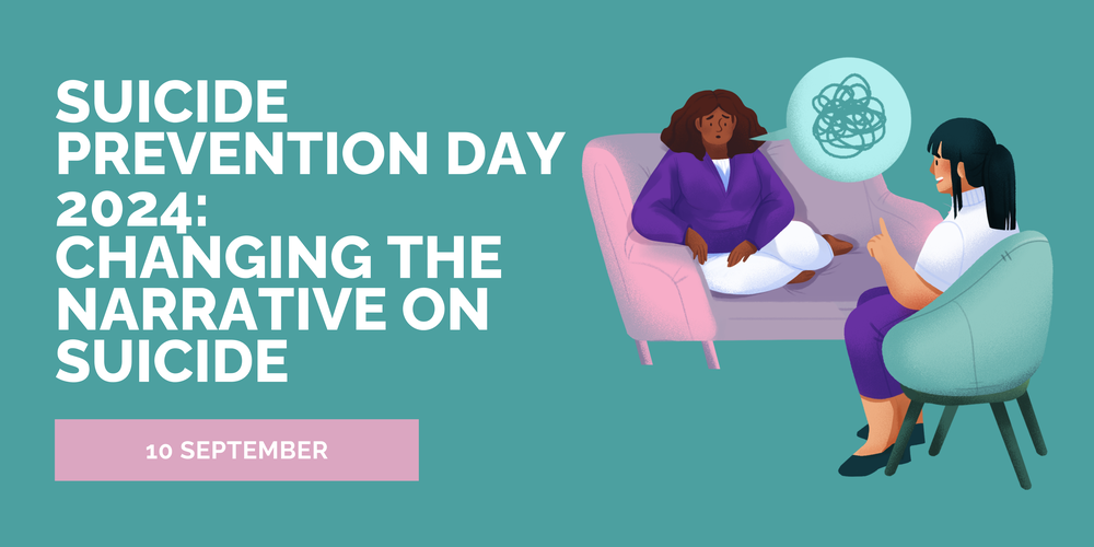 Teal background with text "suicide prevention day 2024: changing the narrative on suicide" and a graphic showing two people talking