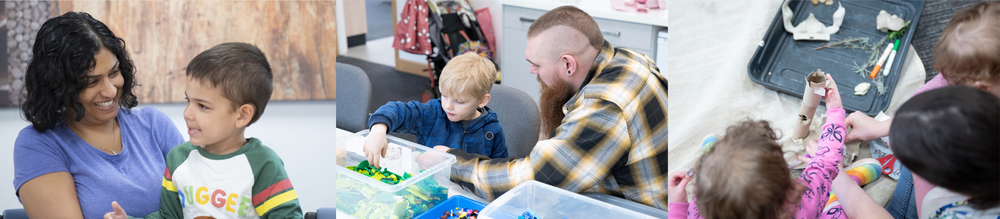 Trio of images showing parents and children enjoying library activities together