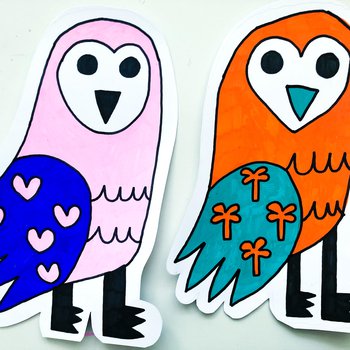Photograph of two illustrated and cut out orange, pink and blue owls