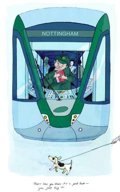 Illustration of a tram driver in his cabin hugging a book