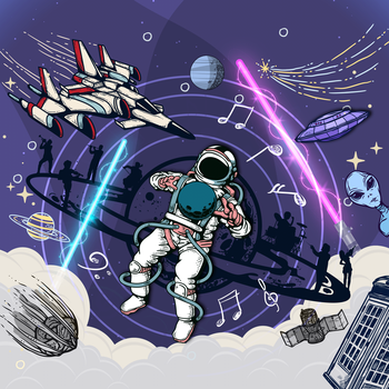 Cartoon image of an astronaut surrounded by planets and music notes.