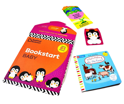 Bookstart Baby pack in bright pink and orange envelope includes a board book, finger puppet and information leaflet