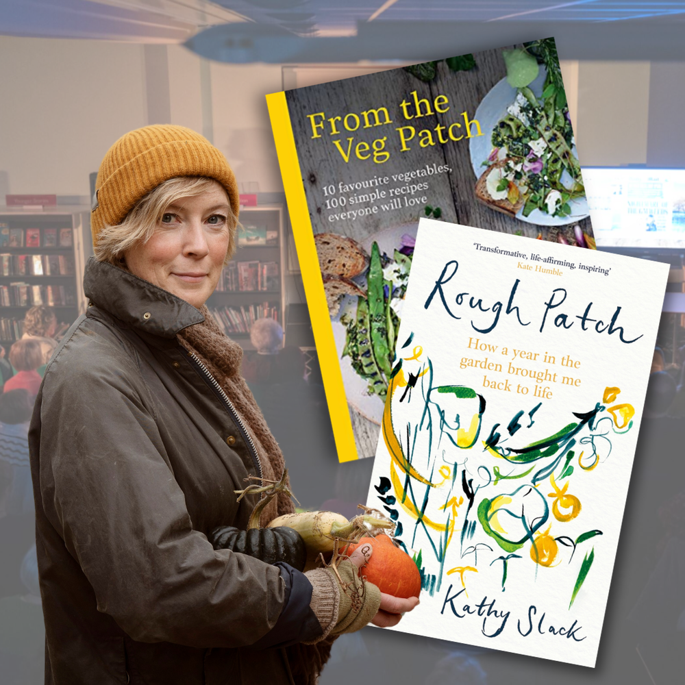 Kathy Slack alongside her books From The Veg Patch and Rough Patch