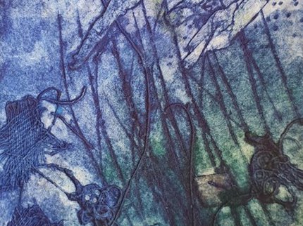 Printed picture of flowers in blues and greens