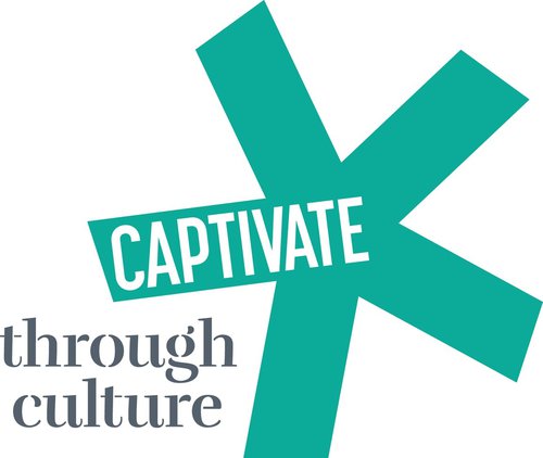 Green star that says Captivate on the left hand side in white. Next to the star on the left in grey writing says, through culture