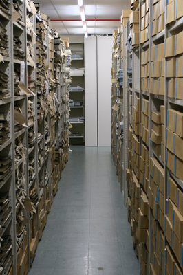 Archives store room with shelves and boxes