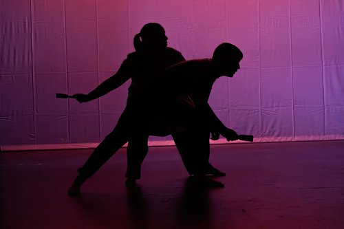 A shadow of two dancers on stage with pink lighting behind.