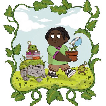 Illustration of young boy holding plant pot, growing a book walking alongside a cartoon rock and seed pod.