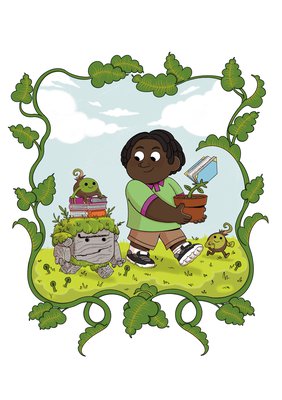 Illustration of young boy holding plant pot, growing a book walking alongside a cartoon rock and seed pod.