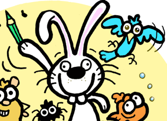 A doodle style drawing by Chris White of a rabbit, bird, goldfish, spider and hamster. The rabbit is holding a pencil.