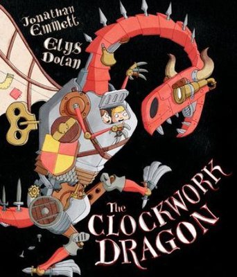 Clockwork Dragon  book cover showing an illustrated red and silver mechanised dragon, with wings and wind up key. Two children peep out of a hatch in the dragons chest.