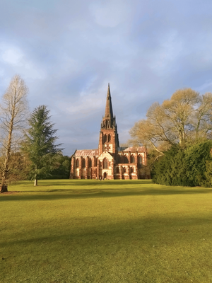 The Chapel of St Mary the Virgin at Clumber Park - a 19th Century chapel with 180 foot spire in its centre, which towers over the Pleasure Grounds, flanked by heritage trees.