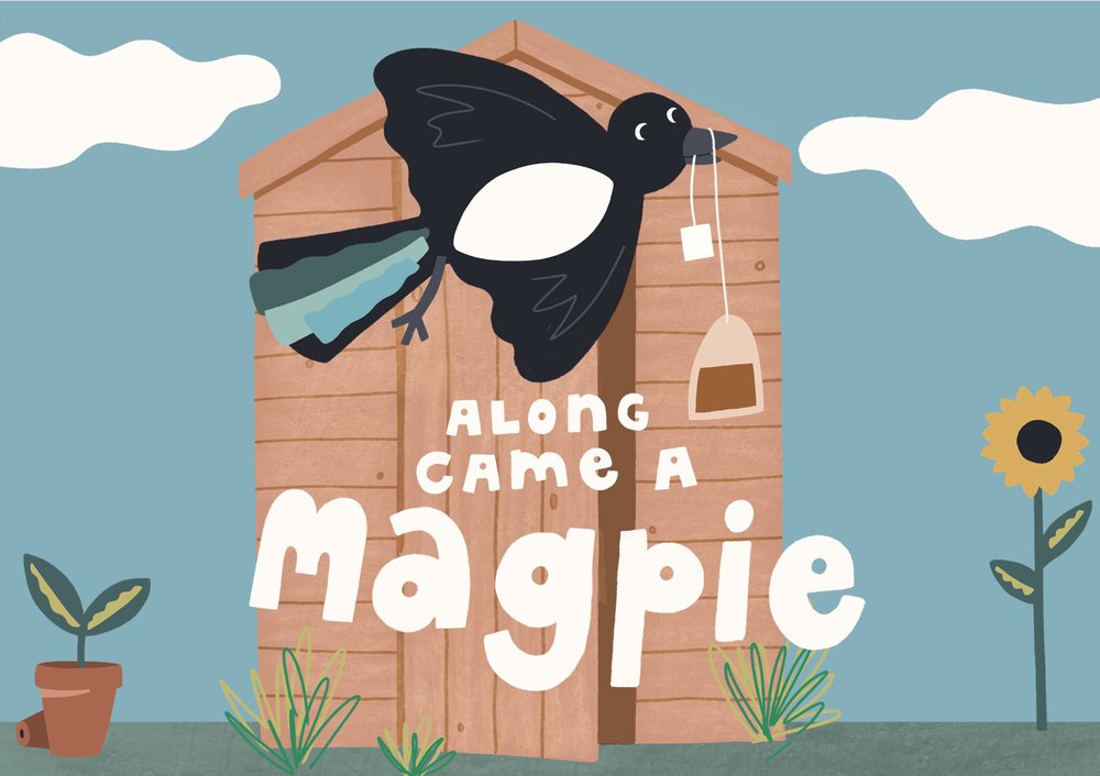 image: Along Came a Magpie logo featuring a wooden potting shed, some white clouds in a blue sky, a magpie and flowers.