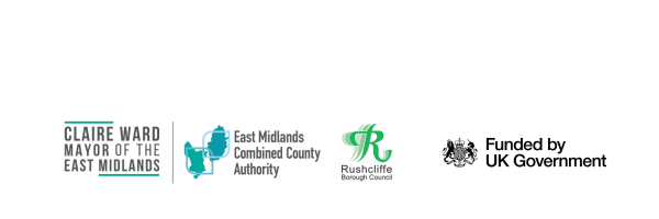 East Midlands Combined County Authority, Rushcliffe Borough Council and UK Government logos