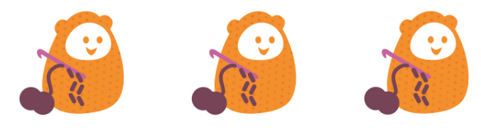 Three small cartoon orange creatures, crocheting with purple wool