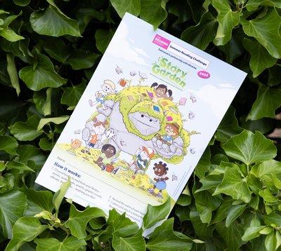 Story Garden Sticker Booklet surrounded by green leaves