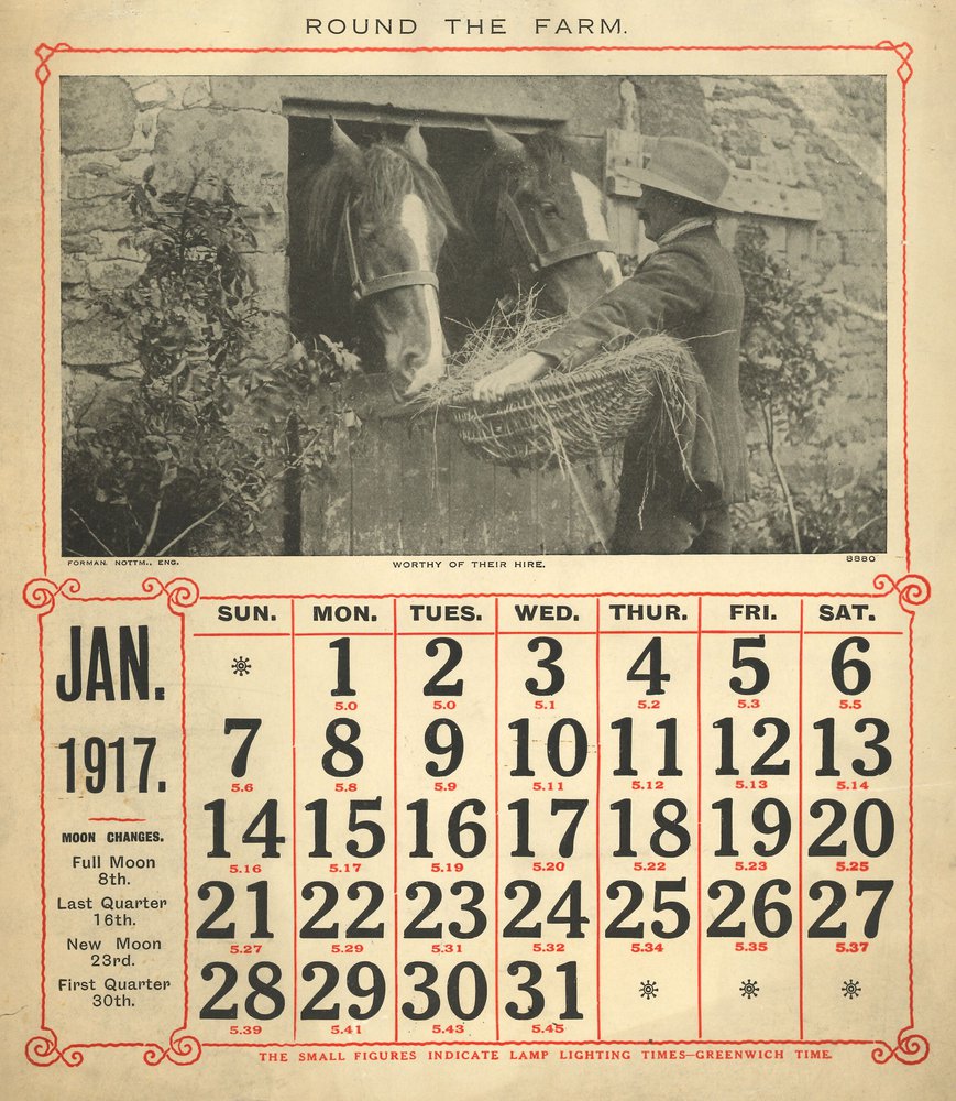 Image of a calendar from January 1917 showing horses on a farm