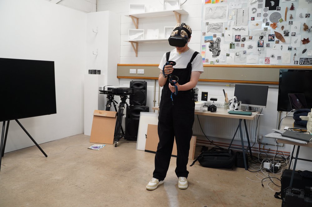 A person wearing a virtual reality headset