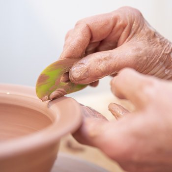 Two hands throwing a pot on a wheel, holding a plastic kidney