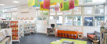 A wide shot of inside the children's section of the library