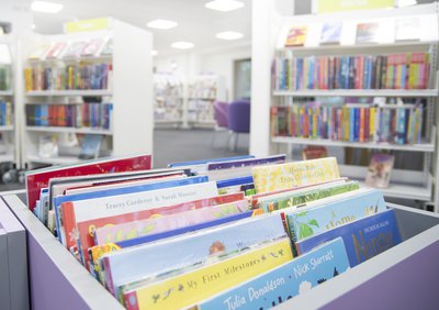 Picture books in foreground with blurred library shelves surrounding