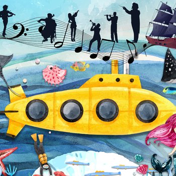Cartoon image of a submarine, mermaid and music notes under the sea.