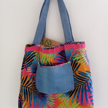 Photo of a handmade fabric bag made from denim