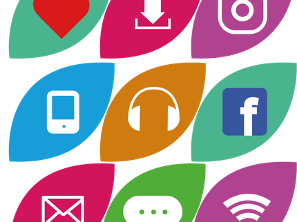 A selection of digital icons, instagram, tablet, music, facebook, email, chat and wifi
