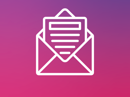 A pink background with a white newsletter icon