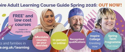 A banner featuring three smiling learners and advertising our Inspire Learning course guide for spring 2026.
